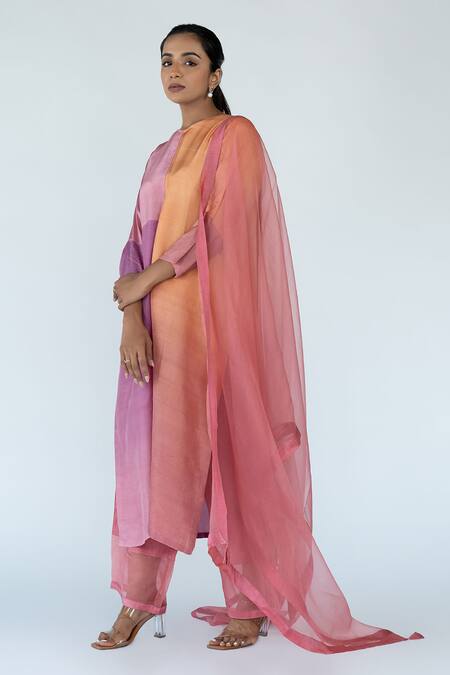 Meghna Panchmatia_Peach Crepe, , Organza Round Neck Ombre Color Block Straight Kurta Set _Online_at_Aza_Fashions