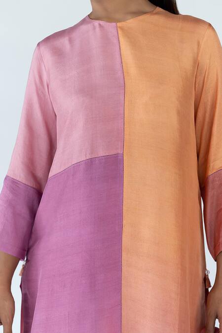 Buy_Meghna Panchmatia_Peach Crepe, , Organza Round Neck Ombre Color Block Straight Kurta Set _Online_at_Aza_Fashions