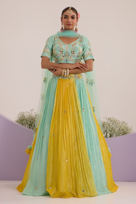 Buy Nitisha Kashyap Official Blue Silk, Net, Lurex Georgette Cutdana, Colorblock Embroidered Lehenga Set Buy_Nitisha Kashyap Official_Blue Silk, Net, Lurex Georgette Cutdana, Colorblock Embroidered Lehenga Set