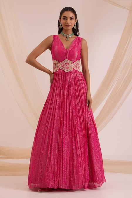 Nitisha Kashyap Official_Pink Silk, Organza, Lurex Georgette Sleeveless Anarkali With Embroidered Dupatta _Online_at_Aza_Fashions