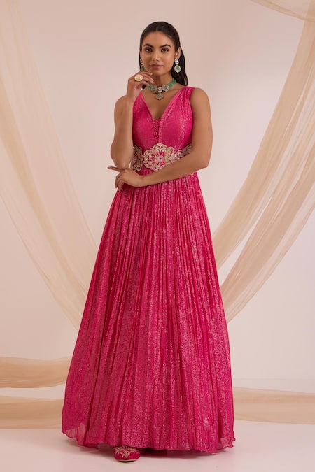 Buy_Nitisha Kashyap Official_Pink Silk, Organza, Lurex Georgette Sleeveless Anarkali With Embroidered Dupatta _Online_at_Aza_Fashions