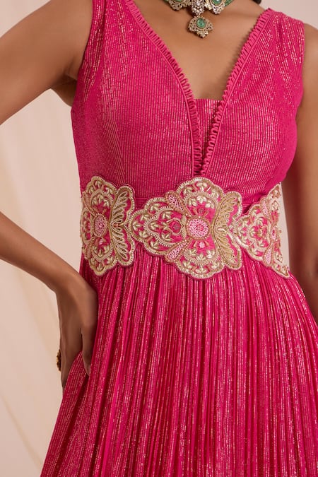 Shop_Nitisha Kashyap Official_Pink Silk, Organza, Lurex Georgette Sleeveless Anarkali With Embroidered Dupatta _Online_at_Aza_Fashions