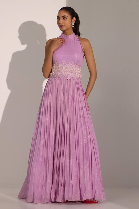 Buy_Nitisha Kashyap Official_Purple Net, Lurex Georgette Sequin, Bead, Anarkali With Embroidered Dupatta _Online_at_Aza_Fashions