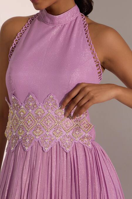 Shop_Nitisha Kashyap Official_Purple Net, Lurex Georgette Sequin, Bead, Anarkali With Embroidered Dupatta _Online_at_Aza_Fashions