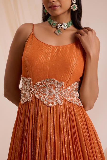 Nitisha Kashyap Official_Orange Silk, Net, Lurex Mirrors, Sequins, Beads, Embroidery Round Anarkali Set _Online_at_Aza_Fashions