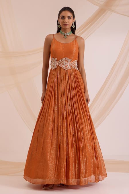 Buy_Nitisha Kashyap Official_Orange Silk, Net, Lurex Mirrors, Sequins, Beads, Embroidery Round Anarkali Set _Online_at_Aza_Fashions