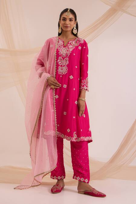 Nitisha Kashyap Official_Fuchsia Silk, Organza Resham, Sequin, Bead, Floral Embroidered A-line Kurta Set _Online_at_Aza_Fashions