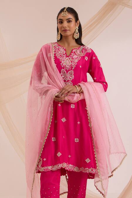 Buy_Nitisha Kashyap Official_Fuchsia Silk, Organza Resham, Sequin, Bead, Floral Embroidered A-line Kurta Set _Online_at_Aza_Fashions
