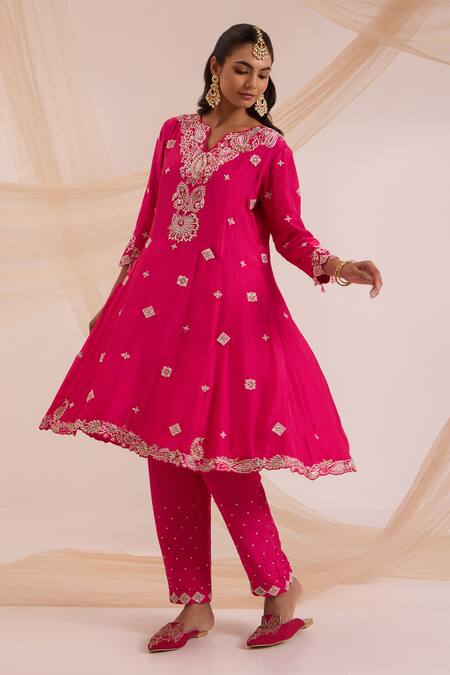 Shop_Nitisha Kashyap Official_Fuchsia Silk, Organza Resham, Sequin, Bead, Floral Embroidered A-line Kurta Set _Online_at_Aza_Fashions