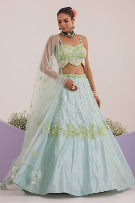 Nitisha Kashyap Official_Blue Silk, Net Resham, Sequin, Bead, Patti Floral Embroidered Lehenga Set _Online_at_Aza_Fashions