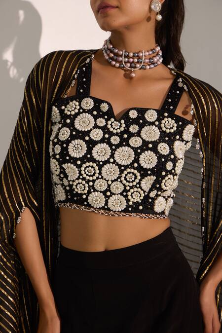 Buy_Nitisha Kashyap Official_Black Silk, Organza Pearls Split V-neck Stripe Woven Cape Skirt Set _Online_at_Aza_Fashions