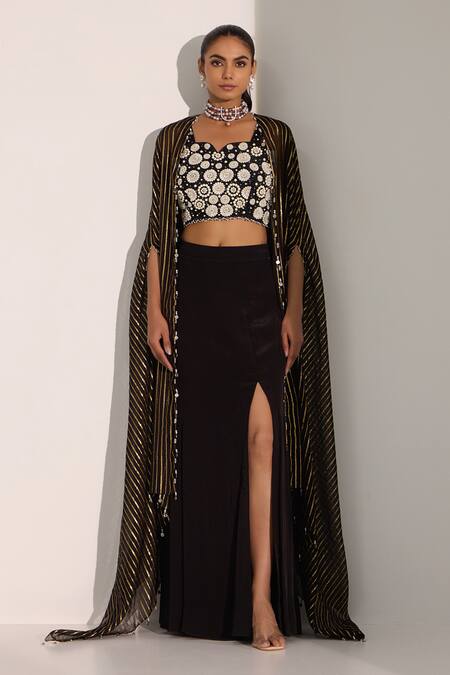 Shop_Nitisha Kashyap Official_Black Silk, Organza Pearls Split V-neck Stripe Woven Cape Skirt Set _Online_at_Aza_Fashions