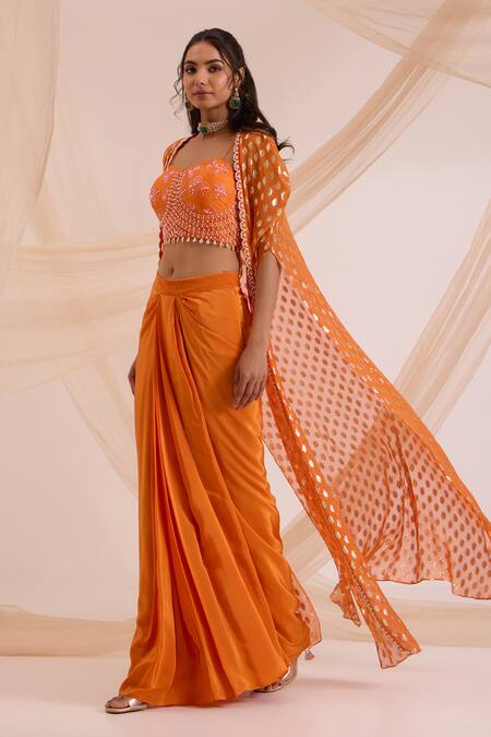 Shop Nitisha Kashyap Official Orange Silk, Crepe, Georgette Geometric, Sequin, Bead Blouse Woven Skirt Set Online at Aza Fashions Shop_Nitisha Kashyap Official_Orange Silk, Crepe, Georgette Geometric, Sequin, Bead Blouse Woven Skirt Set _Online_at_Aza_Fashions