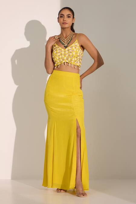Buy_Nitisha Kashyap Official_Yellow Silk, Crepe, Lurex Georgette Bead, Stripe Pattern Draped Skirt Set _Online_at_Aza_Fashions