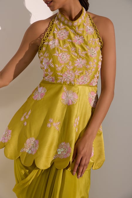 Nitisha Kashyap Official_Green Silk, Crepe Cut Work, Mirrors, Floral Embroidered Kurta And Draped Skirt Set _Online_at_Aza_Fashions