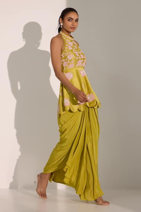 Buy_Nitisha Kashyap Official_Green Silk, Crepe Cut Work, Mirrors, Floral Embroidered Kurta And Draped Skirt Set _Online_at_Aza_Fashions