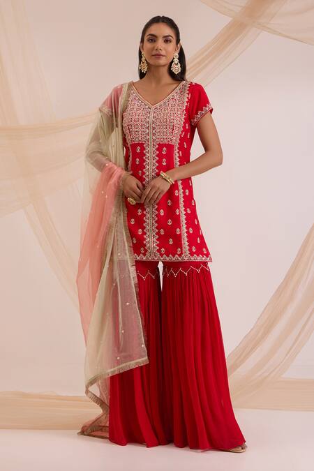 Buy_Nitisha Kashyap Official_Red Organza, Georgette Resham, Sequin, Nakshi V Embroidered Kurta Gharara Set _Online_at_Aza_Fashions
