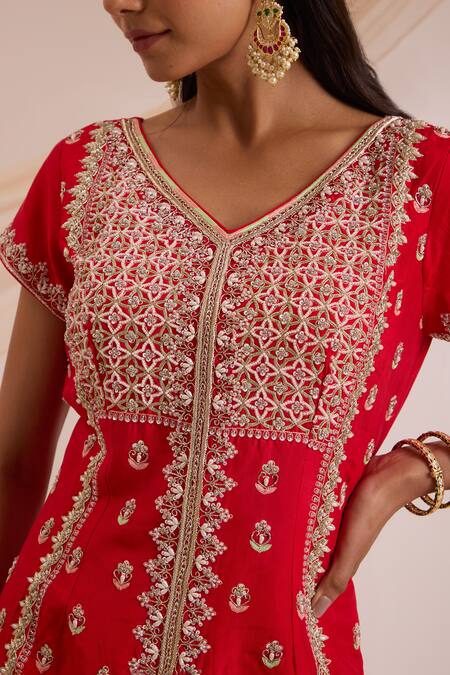 Shop_Nitisha Kashyap Official_Red Organza, Georgette Resham, Sequin, Nakshi V Embroidered Kurta Gharara Set _Online_at_Aza_Fashions
