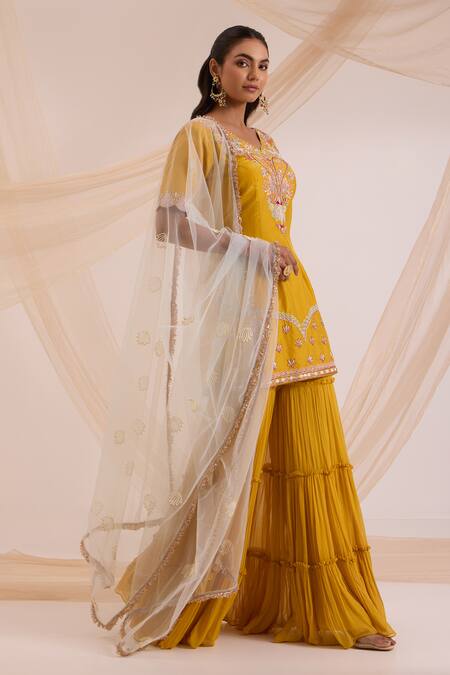 Nitisha Kashyap Official_Yellow Silk, Net, Georgette Resham, Paisley Embroidered Kurta Gharara Set _Online_at_Aza_Fashions