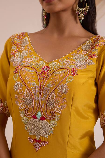 Buy_Nitisha Kashyap Official_Yellow Silk, Net, Georgette Resham, Paisley Embroidered Kurta Gharara Set _Online_at_Aza_Fashions