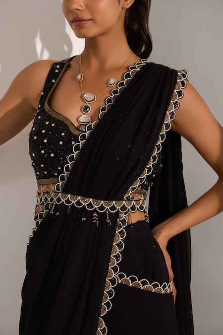 Shop_Nitisha Kashyap Official_Black Silk, Georgette Scallop Border Embroidered Pre-draped Saree With Blouse _Online_at_Aza_Fashions