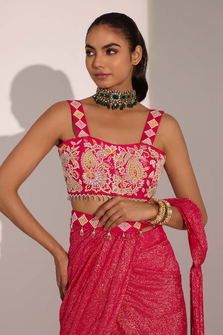 Nitisha Kashyap Official_Fuchsia Silk, Georgette Beads, Sequins, Stripe Pattern Pre-draped Saree _Online_at_Aza_Fashions