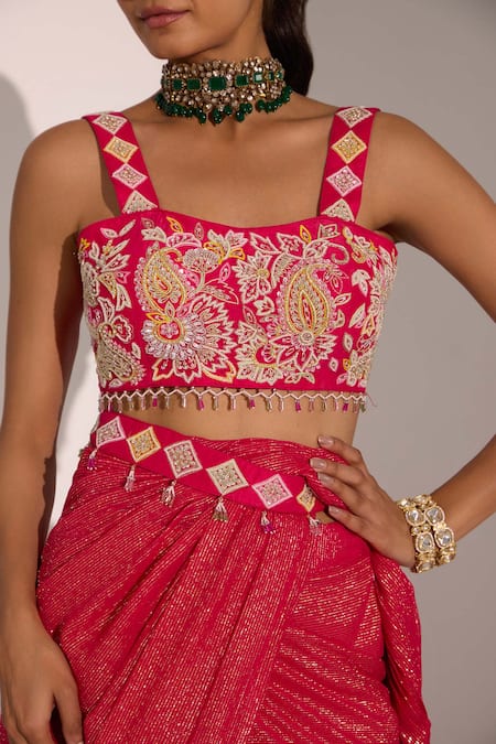 Buy_Nitisha Kashyap Official_Fuchsia Silk, Georgette Beads, Sequins, Stripe Pattern Pre-draped Saree _Online_at_Aza_Fashions