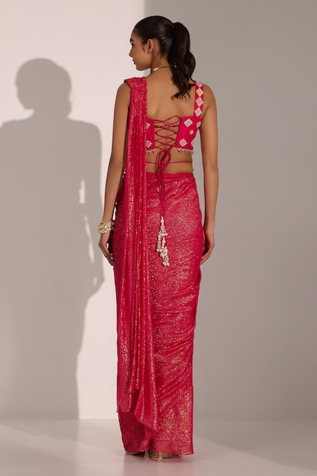 Nitisha Kashyap Official Fuchsia Stripe Pattern Pre-Draped Saree 