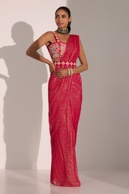Shop_Nitisha Kashyap Official_Fuchsia Silk, Georgette Beads, Sequins, Stripe Pattern Pre-draped Saree _Online_at_Aza_Fashions