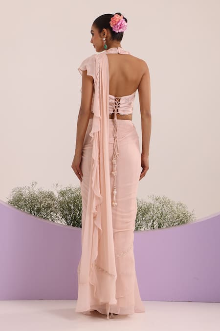 Nitisha Kashyap Official Peach Ruffle Pre-Draped Saree & Blouse 