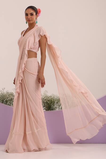 Nitisha Kashyap Official_Peach Silk, Georgette Embroidery, Sequins, Ruffle Pre-draped Saree And Blouse _Online_at_Aza_Fashions