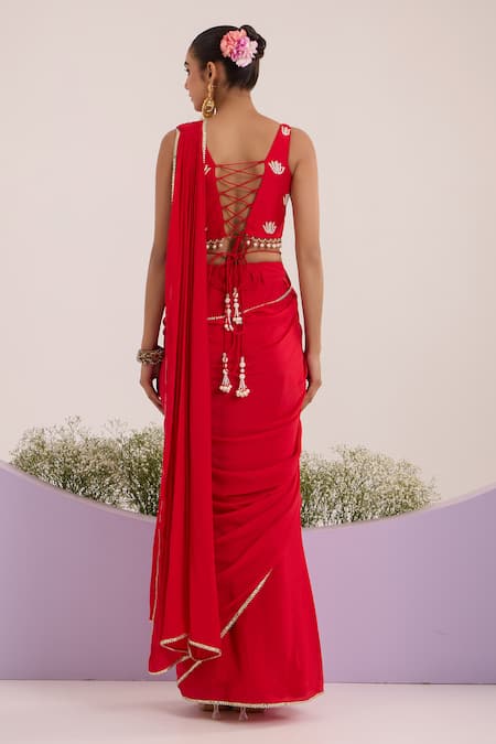 Nitisha Kashyap Official Red Sequin Embroidered Pre-Draped Saree Set 