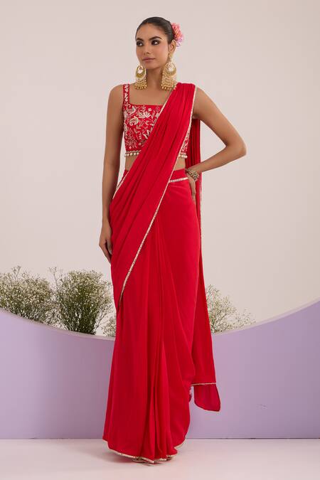Nitisha Kashyap Official_Red Silk, Crepe Sequins, Embroidery, Beads Square Neck Pre-draped Saree Set _Online_at_Aza_Fashions