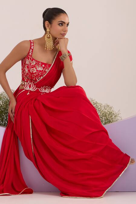 Buy_Nitisha Kashyap Official_Red Silk, Crepe Sequins, Embroidery, Beads Square Neck Pre-draped Saree Set _Online_at_Aza_Fashions