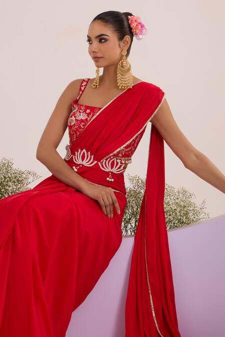 Shop_Nitisha Kashyap Official_Red Silk, Crepe Sequins, Embroidery, Beads Square Neck Pre-draped Saree Set _Online_at_Aza_Fashions
