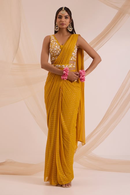 Nitisha Kashyap Official Mustard Yellow Pre-Draped Saree Set 