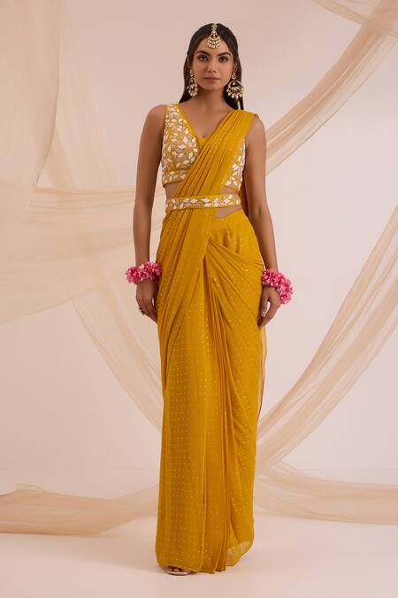 Nitisha Kashyap Official Multi Color Silk, Georgette Beads, Metallic Mustard Yellow Pre-draped Saree Set Online at Aza Fashions Nitisha Kashyap Official_Multi Color Silk, Georgette Beads, Metallic Mustard Yellow Pre-draped Saree Set _Online_at_Aza_Fashions