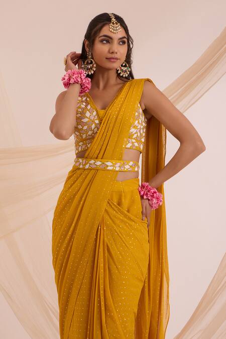 Buy Nitisha Kashyap Official Multi Color Silk, Georgette Beads, Metallic Mustard Yellow Pre-draped Saree Set Online at Aza Fashions Buy_Nitisha Kashyap Official_Multi Color Silk, Georgette Beads, Metallic Mustard Yellow Pre-draped Saree Set _Online_at_Aza_Fashions