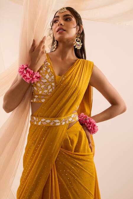 Shop Nitisha Kashyap Official Multi Color Silk, Georgette Beads, Metallic Mustard Yellow Pre-draped Saree Set Online at Aza Fashions Shop_Nitisha Kashyap Official_Multi Color Silk, Georgette Beads, Metallic Mustard Yellow Pre-draped Saree Set _Online_at_Aza_Fashions
