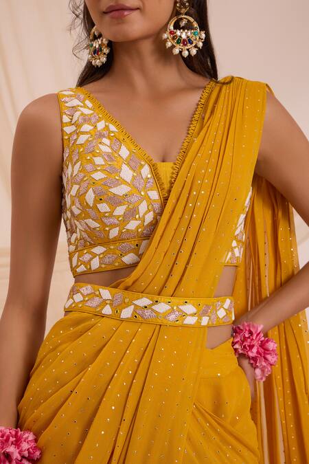 Nitisha Kashyap Official Multi Color Silk, Georgette Beads, Metallic Mustard Yellow Pre-draped Saree Set at Aza Fashions Nitisha Kashyap Official_Multi Color Silk, Georgette Beads, Metallic Mustard Yellow Pre-draped Saree Set _at_Aza_Fashions