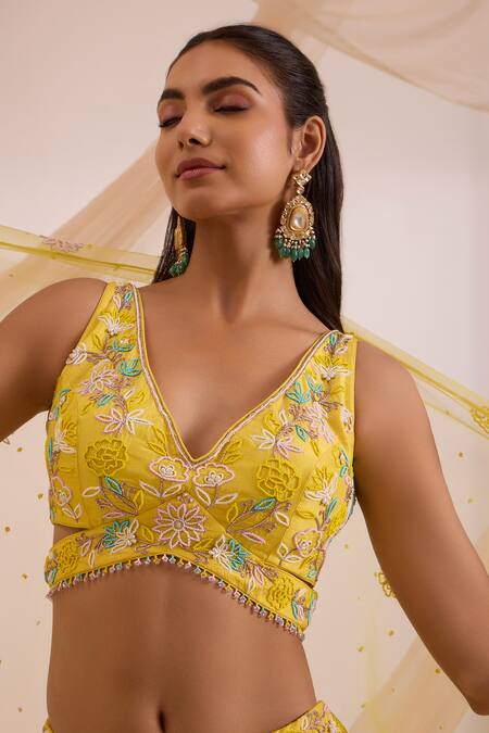 Buy_Nitisha Kashyap Official_Yellow Silk, Net Embroidery, Beads V-neck Floral Lehenga Set _Online_at_Aza_Fashions