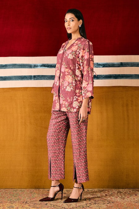 Buy Sue Mue Burgundy Linen Embroidery, Beads V-neck Floral Print Top And Pant Set Online at Aza Fashions Buy_Sue Mue_Burgundy Linen Embroidery, Beads V-neck Floral Print Top And Pant Set _Online_at_Aza_Fashions