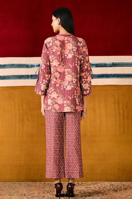 Sue Mue Burgundy Floral Print Top & Pant Set 