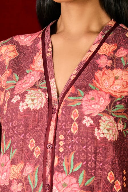 Shop Sue Mue Burgundy Linen Embroidery, Beads V-neck Floral Print Top And Pant Set Online at Aza Fashions Shop_Sue Mue_Burgundy Linen Embroidery, Beads V-neck Floral Print Top And Pant Set _Online_at_Aza_Fashions