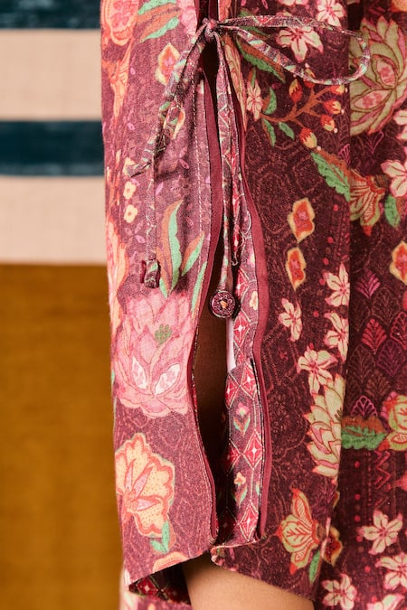 Buy Sue Mue Burgundy Linen Embroidery, Beads V-neck Floral Print Top And Pant Set Buy_Sue Mue_Burgundy Linen Embroidery, Beads V-neck Floral Print Top And Pant Set