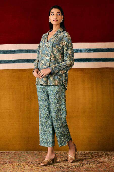 Sue Mue_Blue Linen Embroidery, Beads Collared Floral Print Top And Geometric Pant Set _Online_at_Aza_Fashions