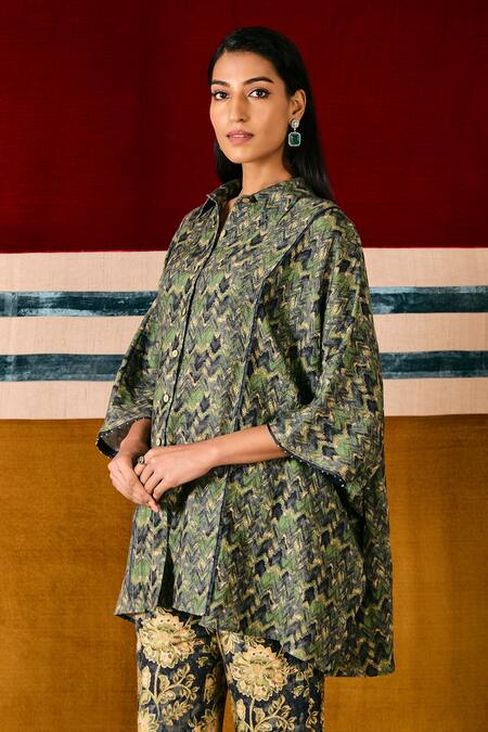 Sue Mue_Blue Linen Embroidery, Beads Collared Geometric Print Shirt And Pant Set _Online_at_Aza_Fashions