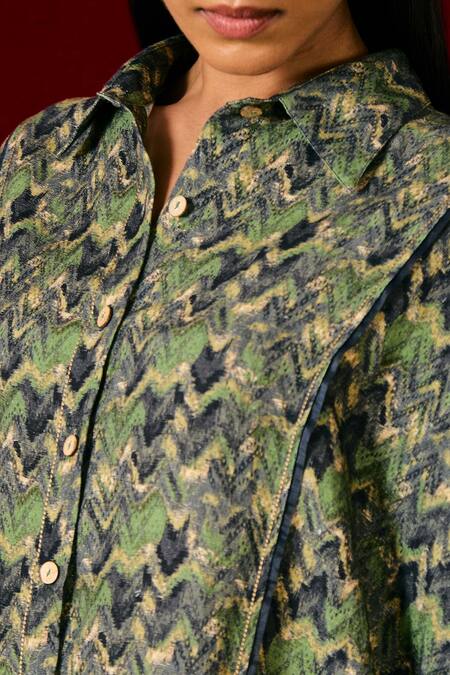 Buy_Sue Mue_Blue Linen Embroidery, Beads Collared Geometric Print Shirt And Pant Set _Online_at_Aza_Fashions