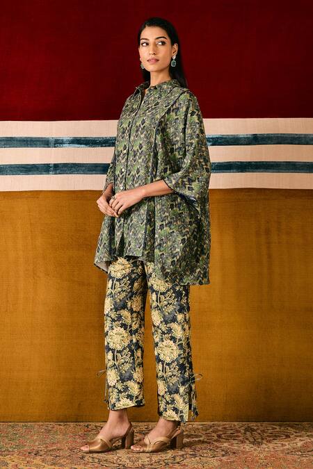 Shop_Sue Mue_Blue Linen Embroidery, Beads Collared Geometric Print Shirt And Pant Set _Online_at_Aza_Fashions