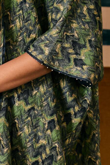 Sue Mue_Blue Linen Embroidery, Beads Collared Geometric Print Shirt And Pant Set _at_Aza_Fashions